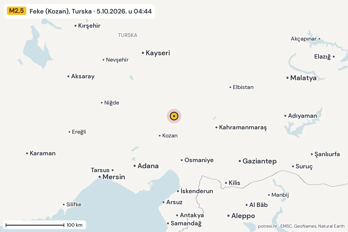 Karta: šire područje, 600 km, potres M2,5, Feke (Kozan), Turska, 5.10.2026.
