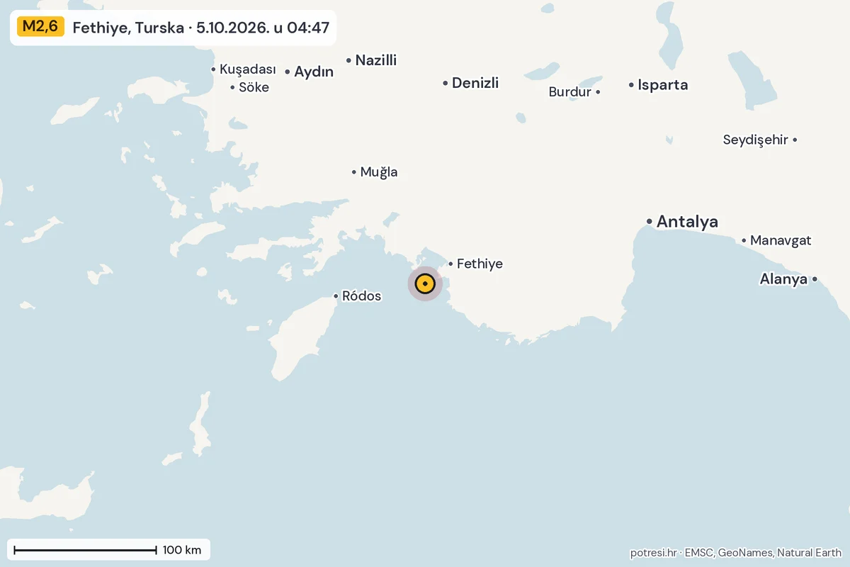 Karta: šire područje, 600 km, potres M2,6, Fethiye, Turska, 5.10.2026.