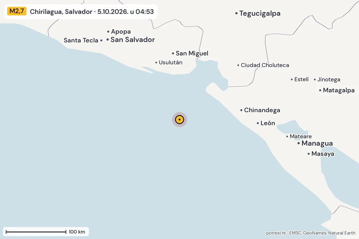 Karta: šire područje, 600 km, potres M2,7, Chirilagua, Salvador, 5.10.2026.