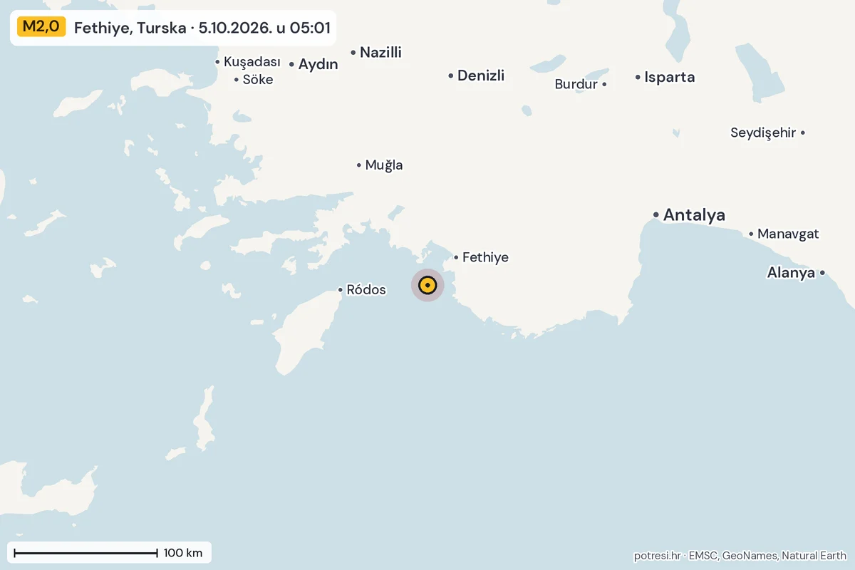 Karta: šire područje, 600 km, potres M2,0, Fethiye, Turska, 5.10.2026.