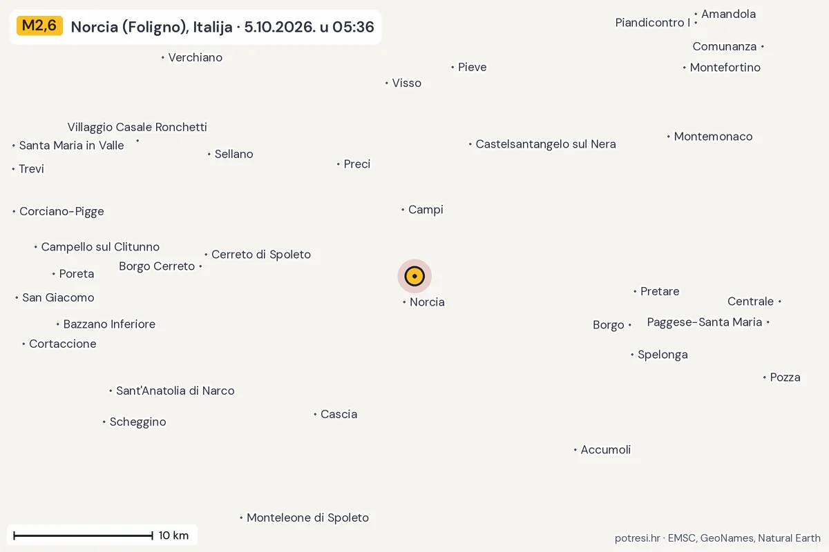 Karta: okolica epicentra, 60 km, potres M2,6, Norcia (Foligno), Italija, 5.10.2026.