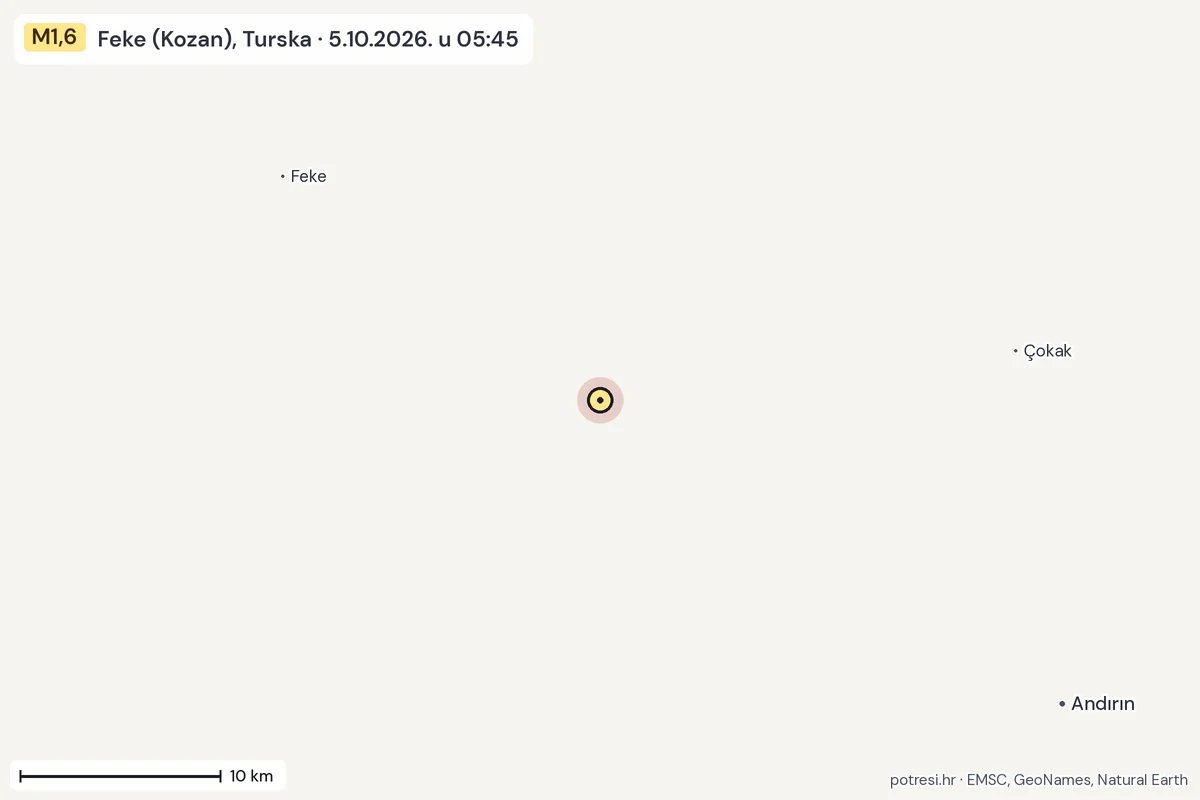 Karta: okolica epicentra, 60 km, potres M1,6, Feke (Kozan), Turska, 5.10.2026.
