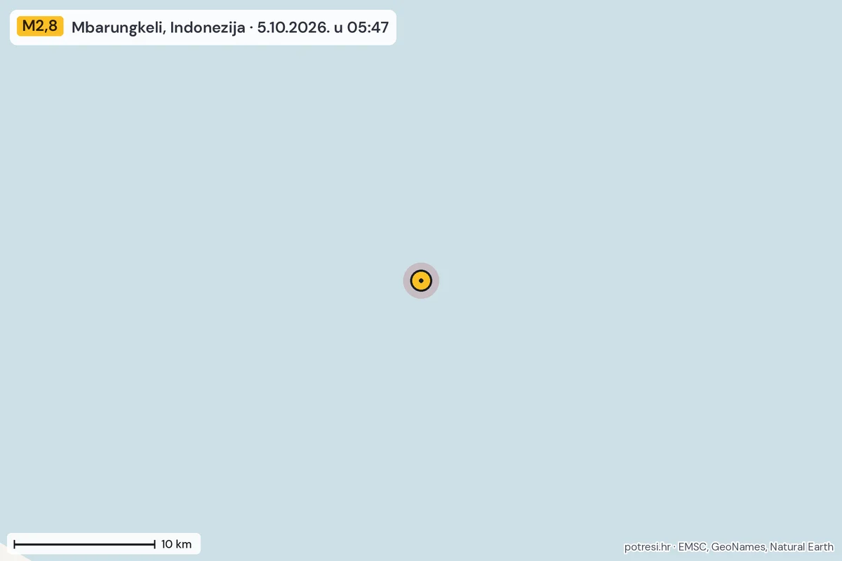 Karta: okolica epicentra, 60 km, potres M2,8, Mbarungkeli, Indonezija, 5.10.2026.