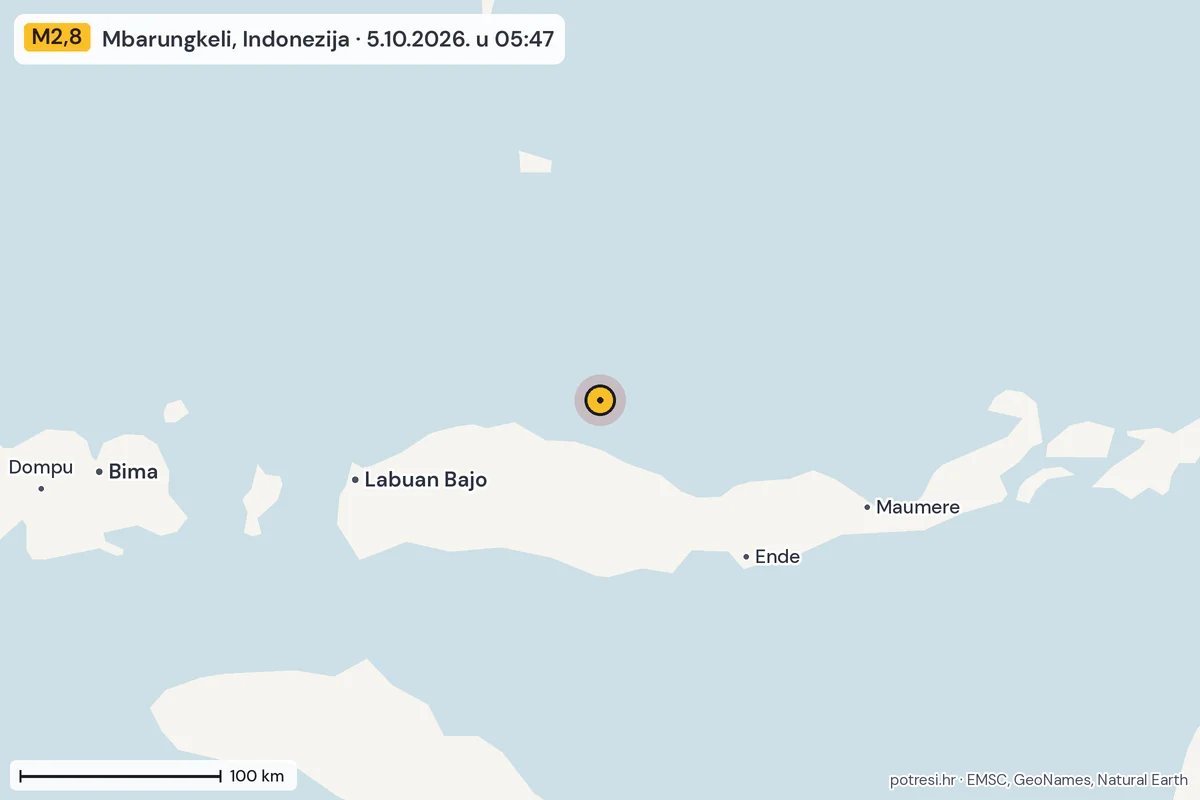 Karta: šire područje, 600 km, potres M2,8, Mbarungkeli, Indonezija, 5.10.2026.