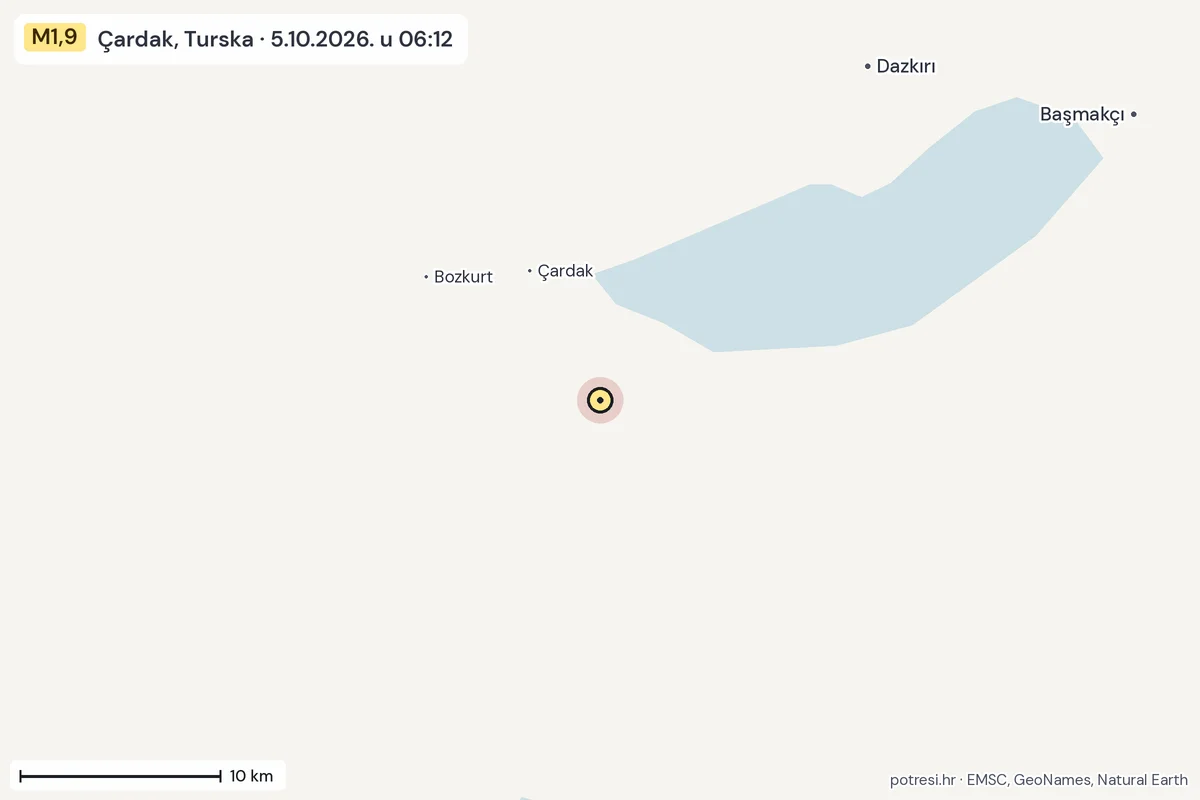 Karta: okolica epicentra, 60 km, potres M1,9, Çardak, Turska, 5.10.2026.