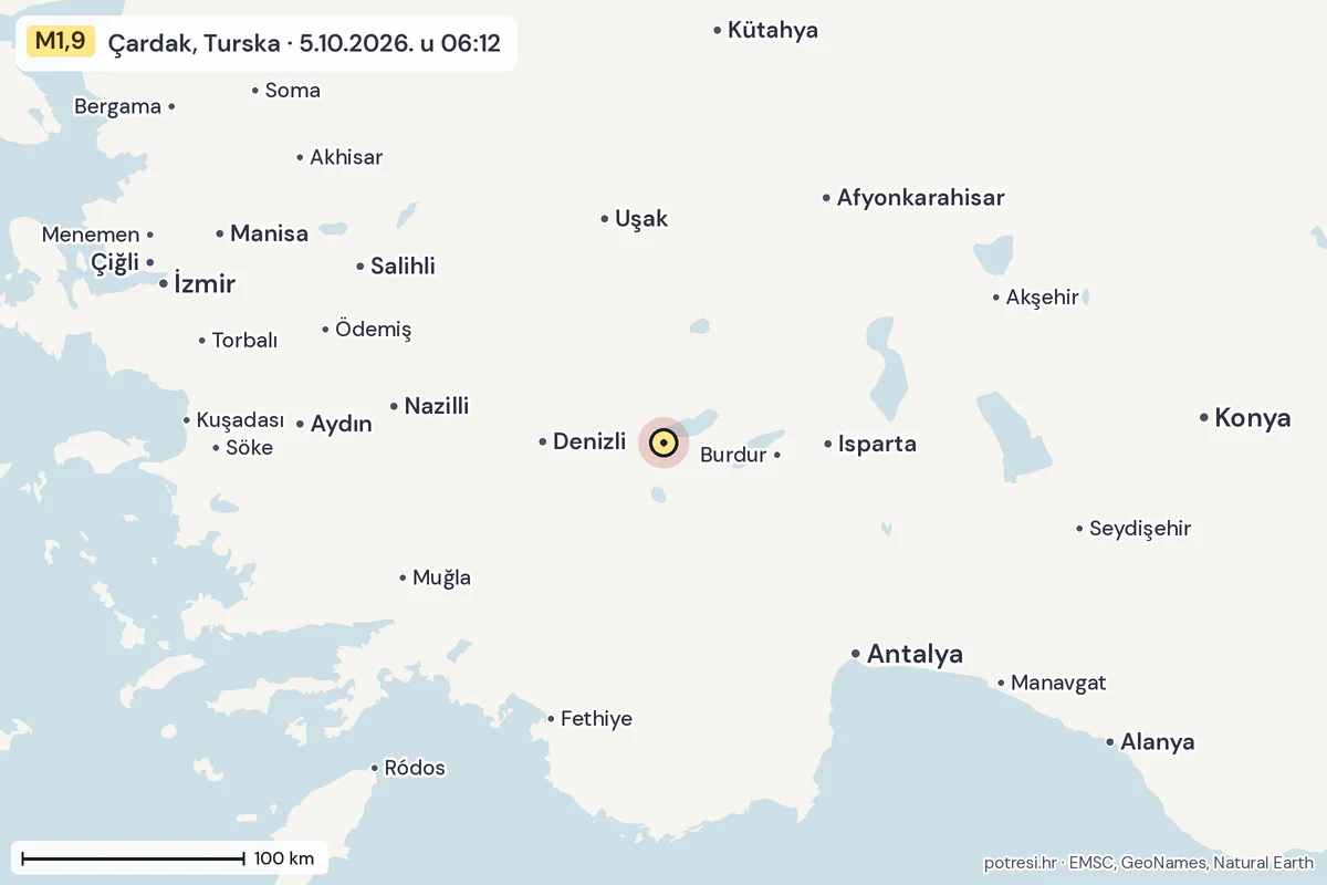 Karta: šire područje, 600 km, potres M1,9, Çardak, Turska, 5.10.2026.