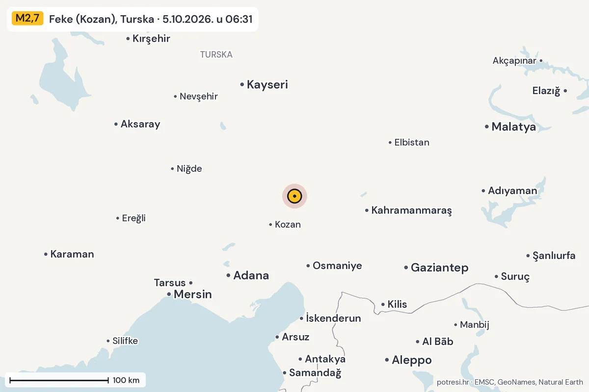 Karta: šire područje, 600 km, potres M2,7, Feke (Kozan), Turska, 5.10.2026.