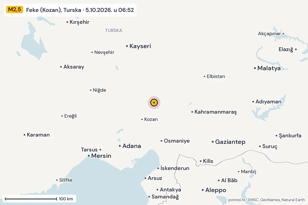 Karta: šire područje, 600 km, potres M2,5, Feke (Kozan), Turska, 5.10.2026.