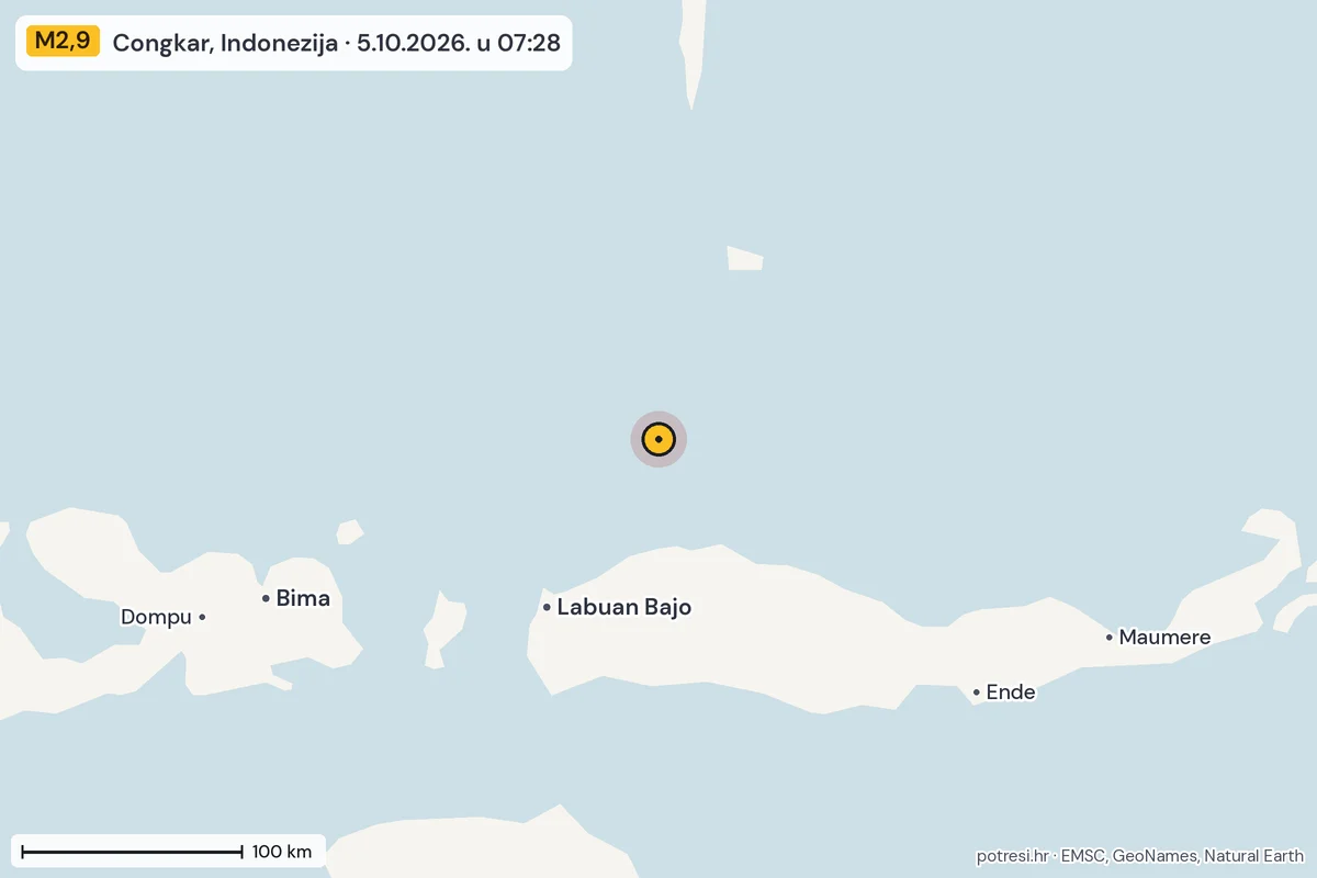 Karta: šire područje, 600 km, potres M2,9, Congkar, Indonezija, 5.10.2026.