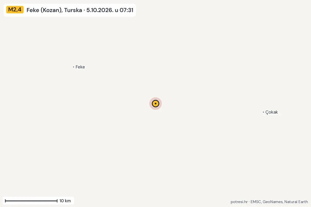 Karta: okolica epicentra, 60 km, potres M2,4, Feke (Kozan), Turska, 5.10.2026.