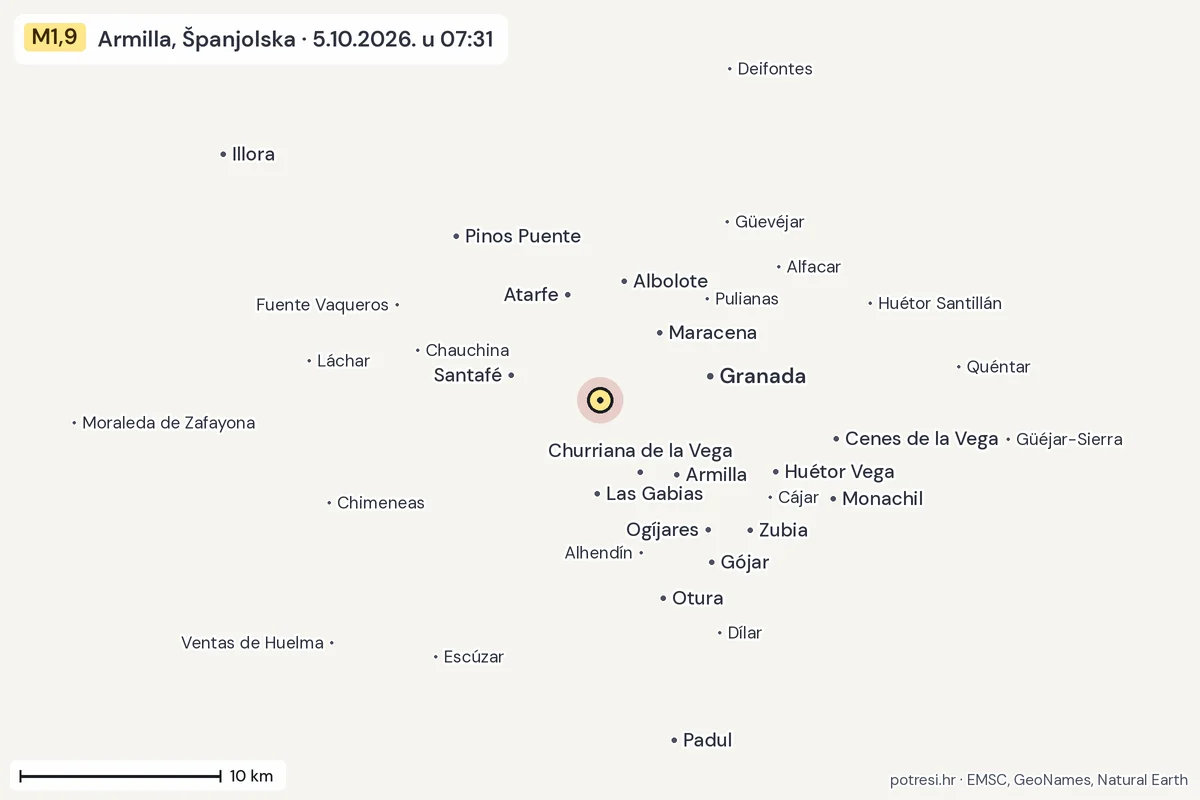 Karta: okolica epicentra, 60 km, potres M1,9, Armilla, Španjolska, 5.10.2026.