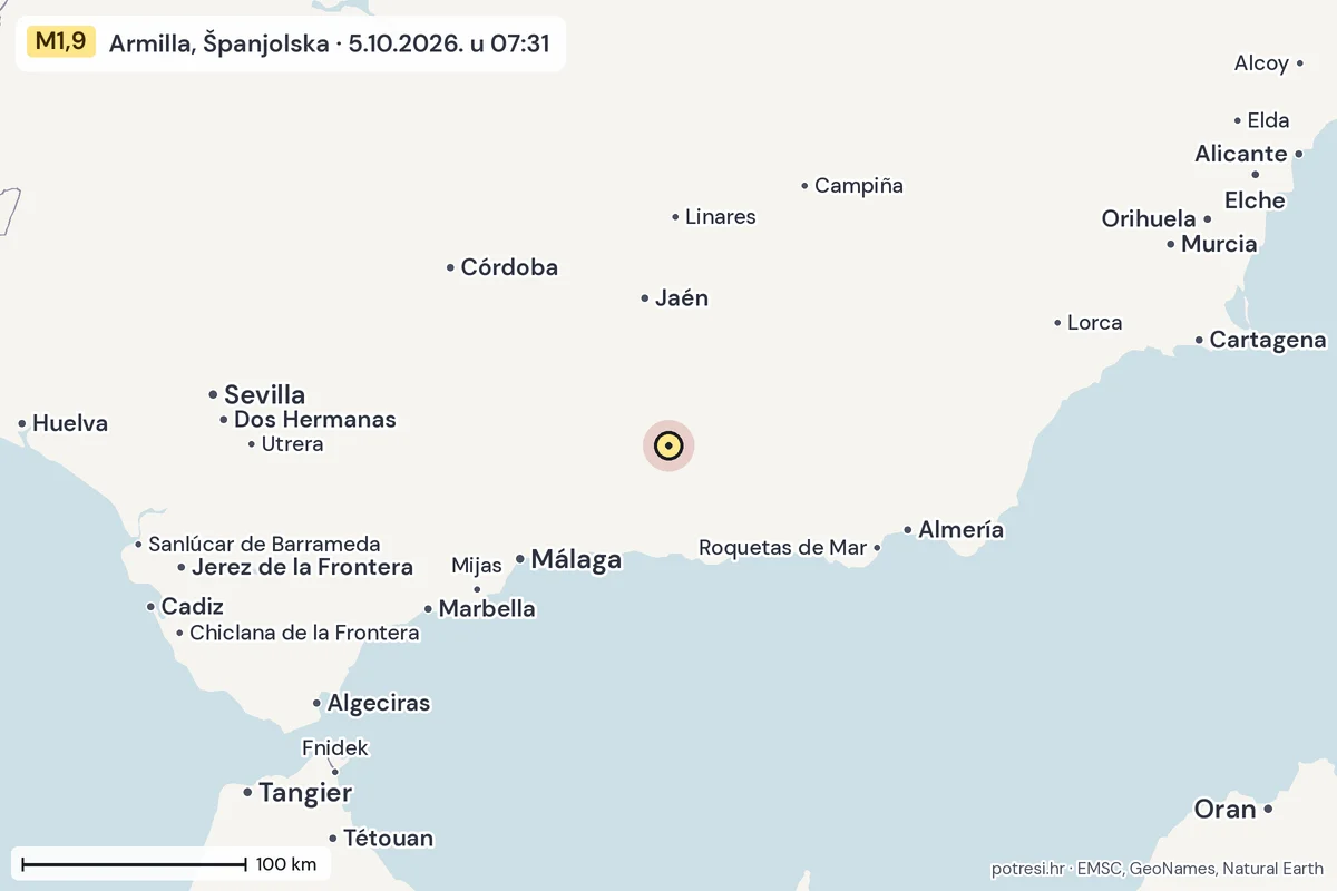 Karta: šire područje, 600 km, potres M1,9, Armilla, Španjolska, 5.10.2026.