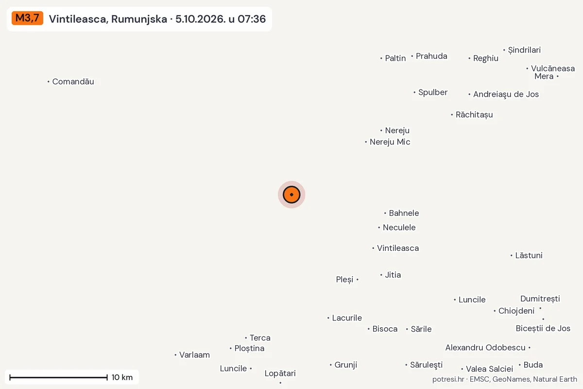 Karta: okolica epicentra, 60 km, potres M3,7, Vintileasca, Rumunjska, 5.10.2026.