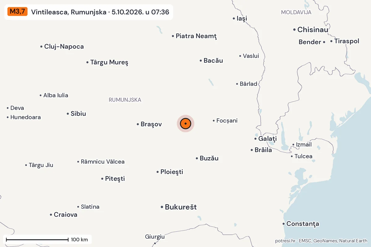 Karta: šire područje, 600 km, potres M3,7, Vintileasca, Rumunjska, 5.10.2026.