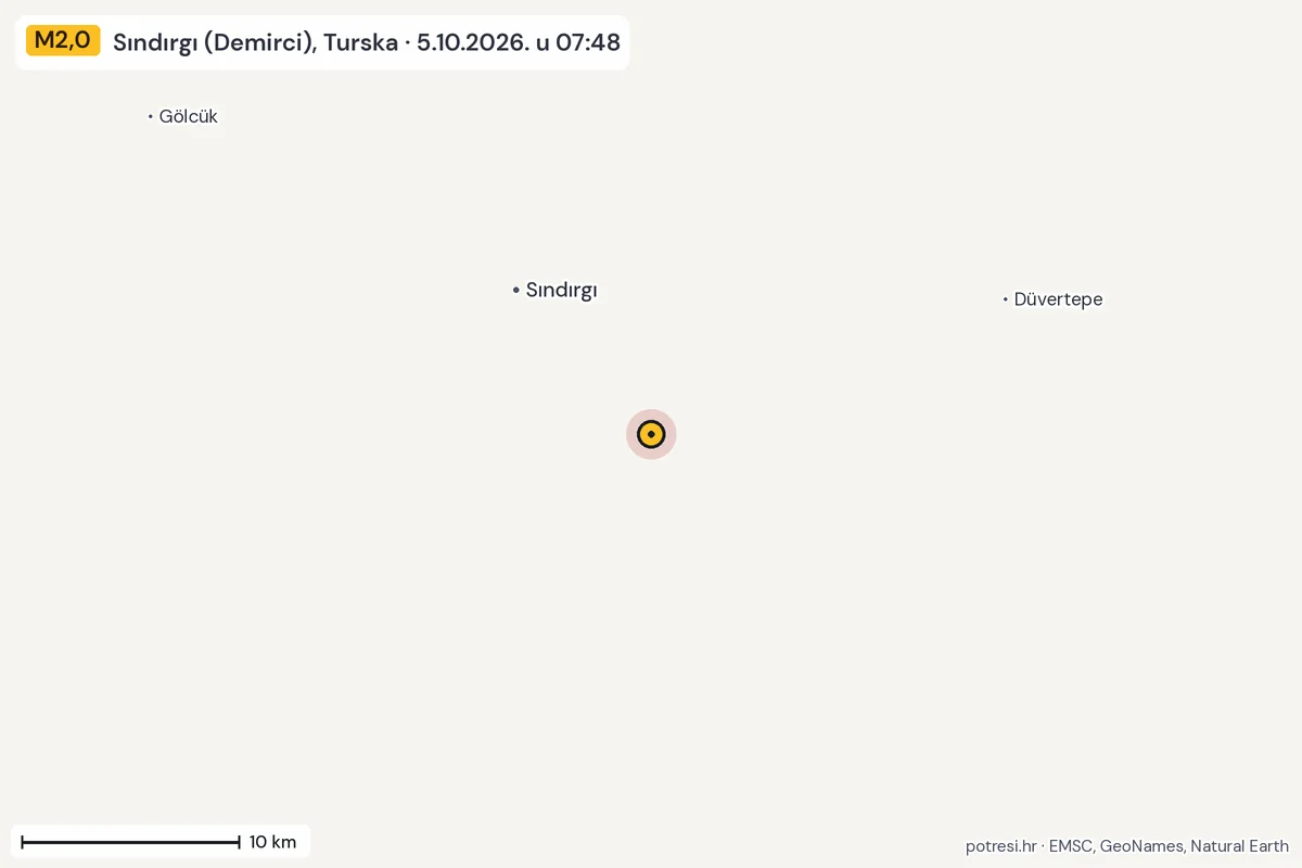 Karta: okolica epicentra, 60 km, potres M2,0, Sındırgı (Demirci), Turska, 5.10.2026.