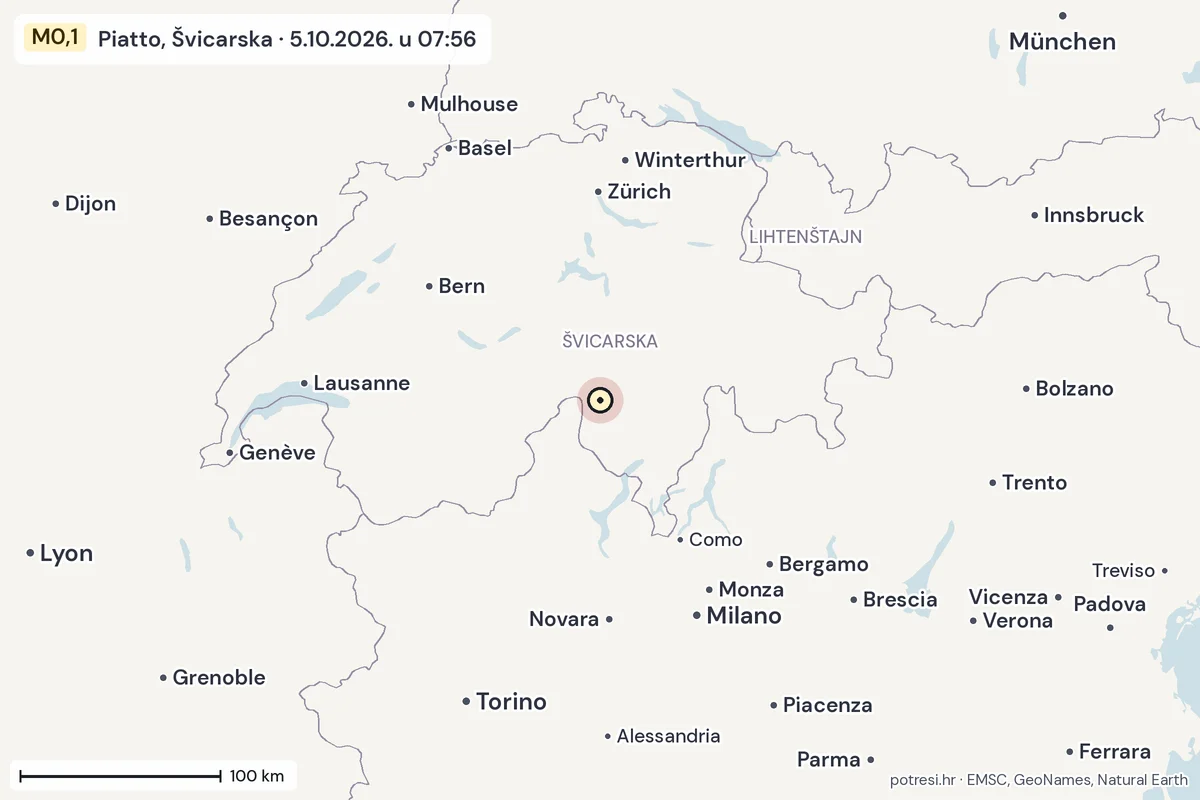Karta: šire područje, 600 km, potres M0,1, Piatto, Švicarska, 5.10.2026.