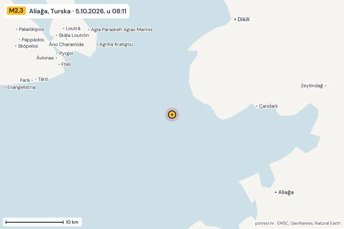 Karta: okolica epicentra, 60 km, potres M2,3, Aliağa, Turska, 5.10.2026.