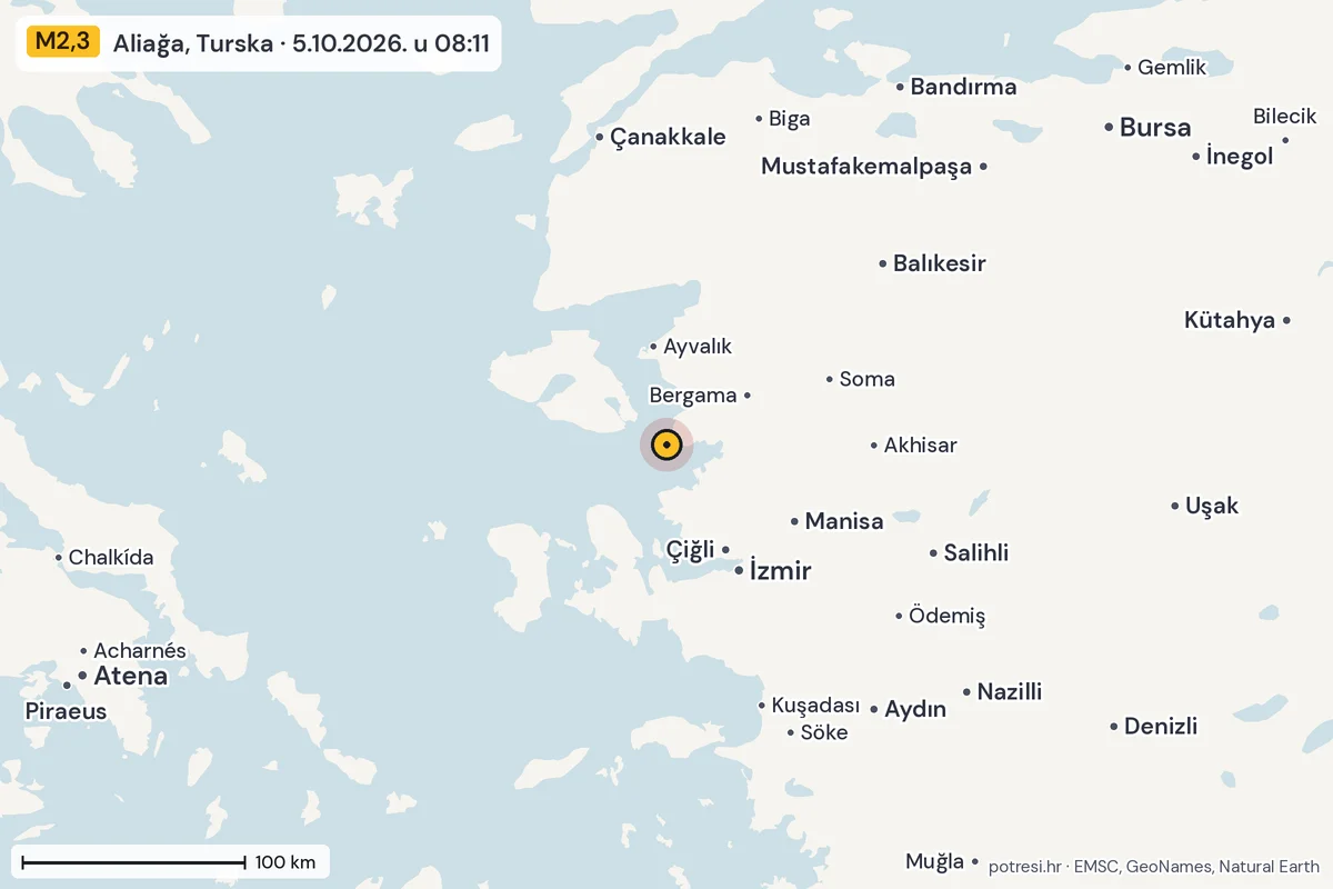 Karta: šire područje, 600 km, potres M2,3, Aliağa, Turska, 5.10.2026.