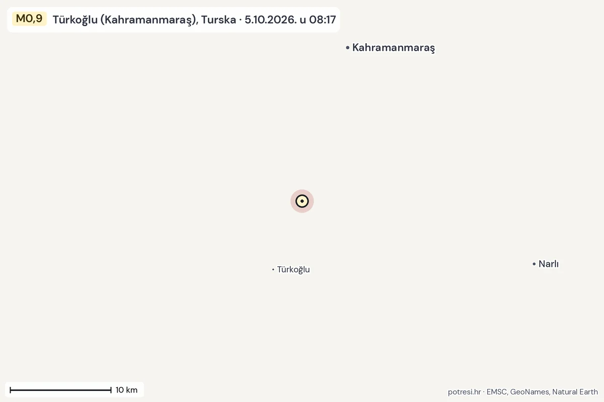 Karta: okolica epicentra, 60 km, potres M0,9, Türkoğlu (Kahramanmaraş), Turska, 5.10.2026.