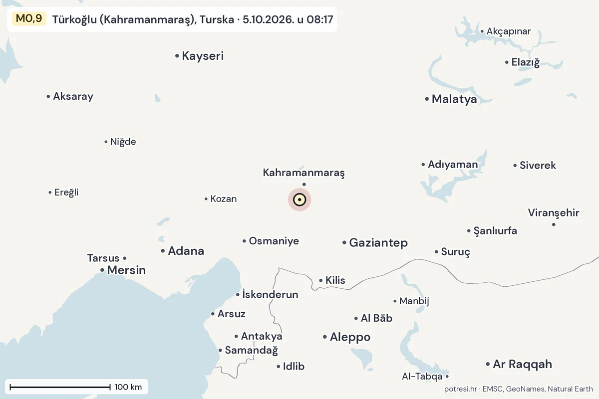 Karta: šire područje, 600 km, potres M0,9, Türkoğlu (Kahramanmaraş), Turska, 5.10.2026.