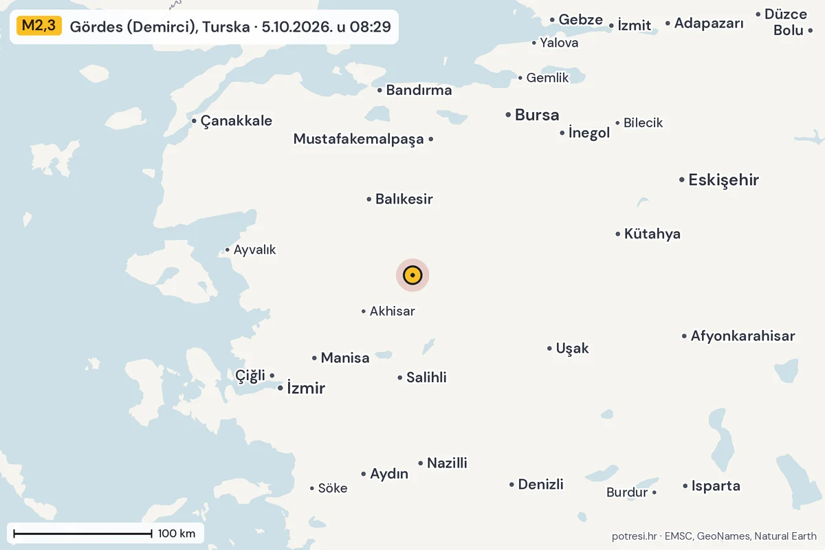 Karta: šire područje, 600 km, potres M2,3, Gördes (Demirci), Turska, 5.10.2026.
