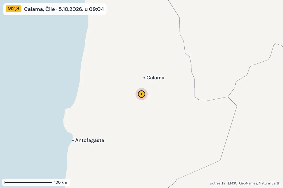 Karta: šire područje, 600 km, potres M2,8, Calama, Čile, 5.10.2026.