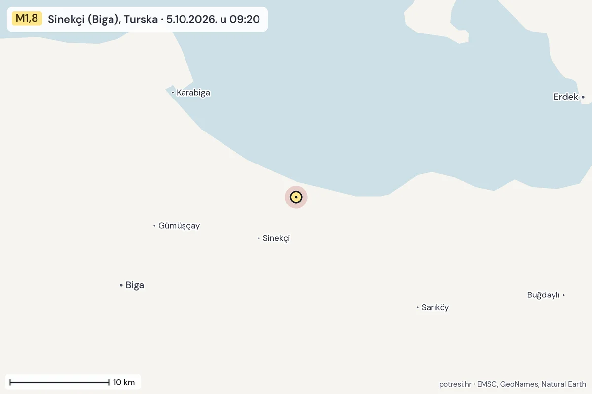 Karta: okolica epicentra, 60 km, potres M1,8, Sinekçi (Biga), Turska, 5.10.2026.