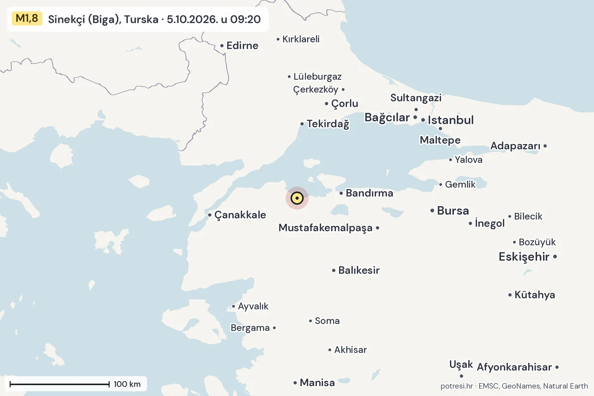 Karta: šire područje, 600 km, potres M1,8, Sinekçi (Biga), Turska, 5.10.2026.