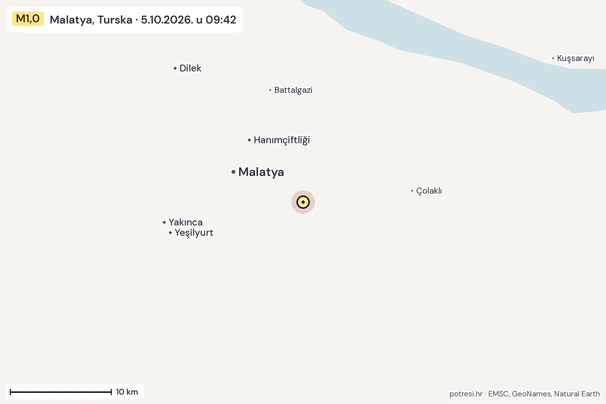 Karta: okolica epicentra, 60 km, potres M1,0, Malatya, Turska, 5.10.2026.