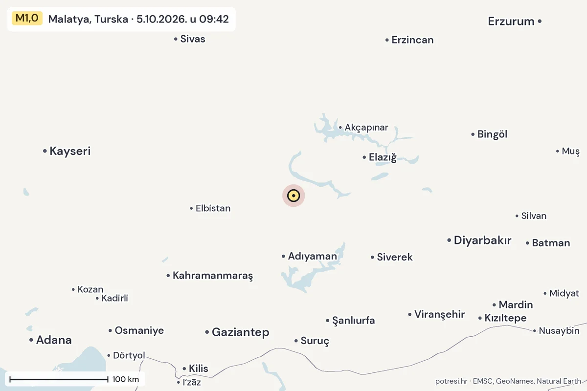 Karta: šire područje, 600 km, potres M1,0, Malatya, Turska, 5.10.2026.