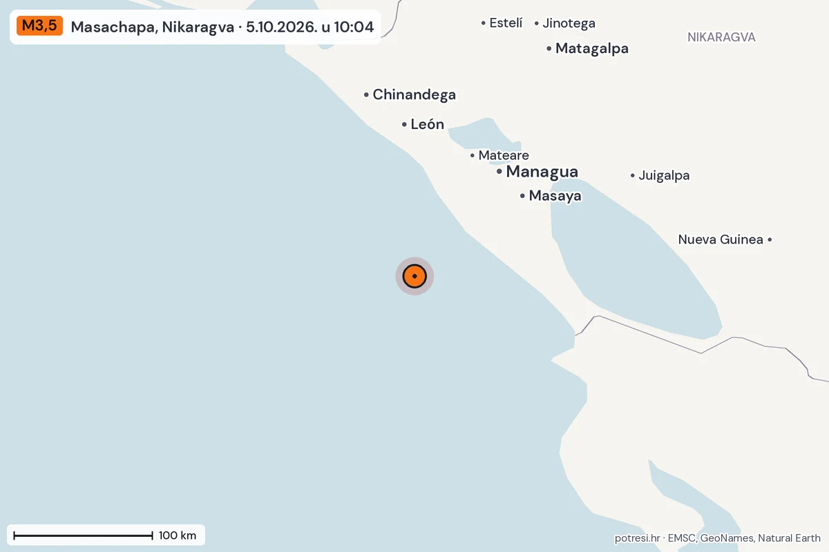 Karta: šire područje, 600 km, potres M3,5, Masachapa, Nikaragva, 5.10.2026.