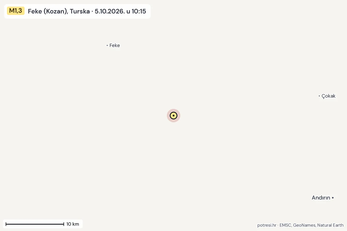 Karta: okolica epicentra, 60 km, potres M1,3, Feke (Kozan), Turska, 5.10.2026.