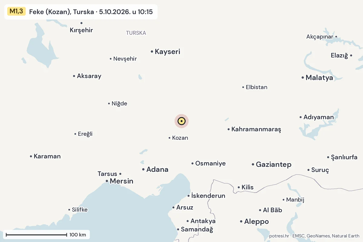 Karta: šire područje, 600 km, potres M1,3, Feke (Kozan), Turska, 5.10.2026.