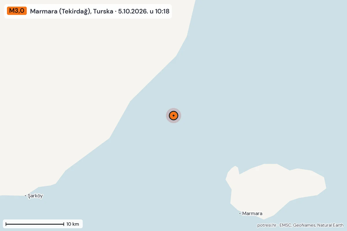 Karta: okolica epicentra, 60 km, potres M3,0, Marmara (Tekirdağ), Turska, 5.10.2026.