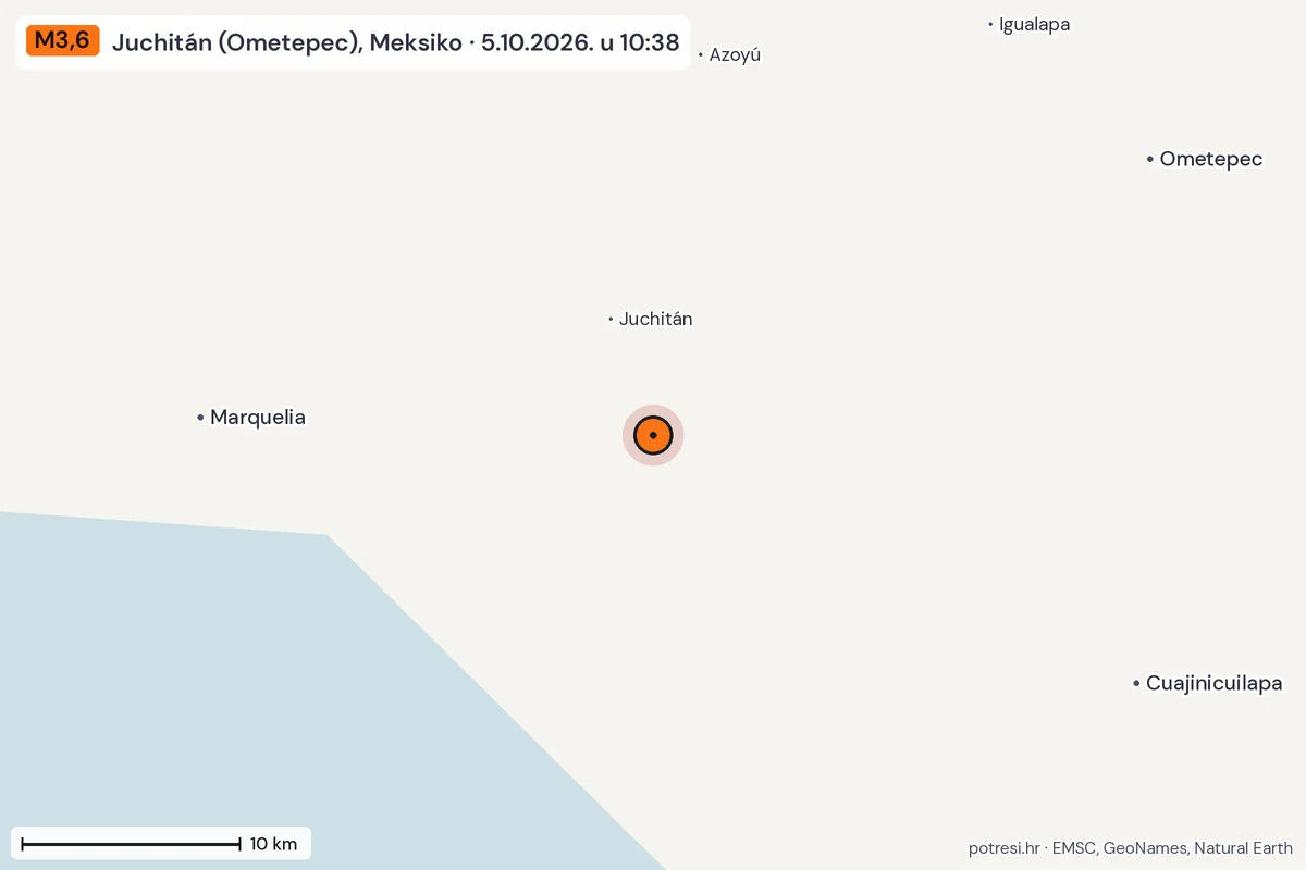 Karta: okolica epicentra, 60 km, potres M3,6, Juchitán (Ometepec), Meksiko, 5.10.2026.