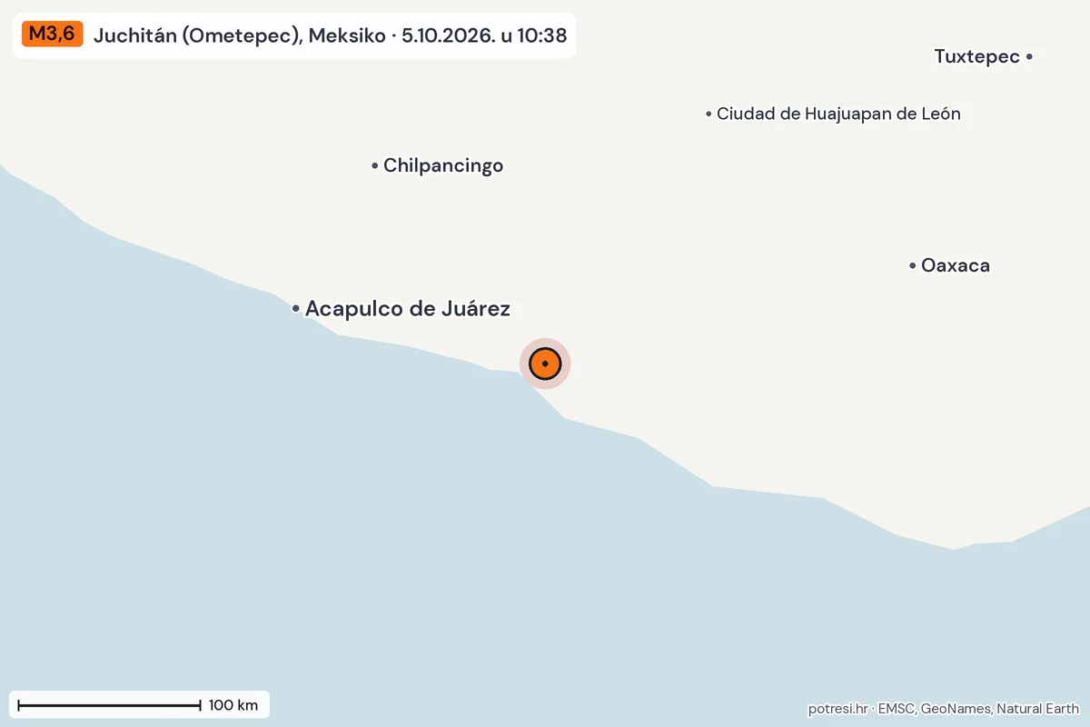 Karta: šire područje, 600 km, potres M3,6, Juchitán (Ometepec), Meksiko, 5.10.2026.