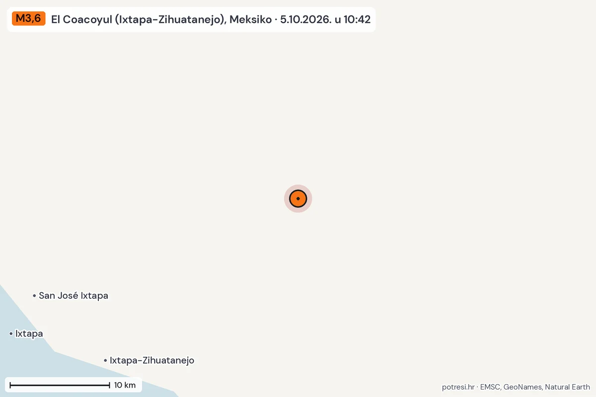 Karta: okolica epicentra, 60 km, potres M3,6, El Coacoyul (Ixtapa-Zihuatanejo), Meksiko, 5.10.2026.