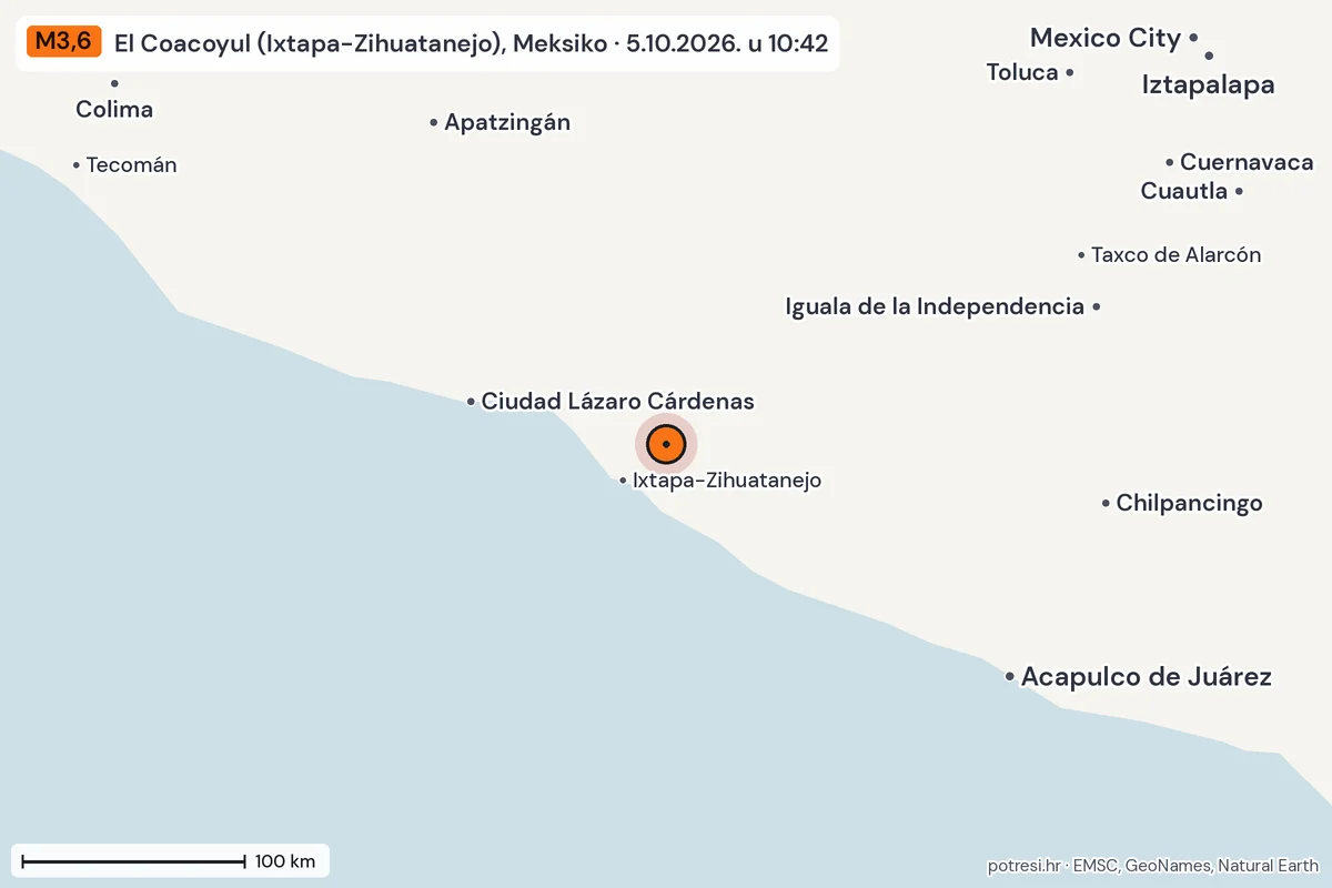Karta: šire područje, 600 km, potres M3,6, El Coacoyul (Ixtapa-Zihuatanejo), Meksiko, 5.10.2026.