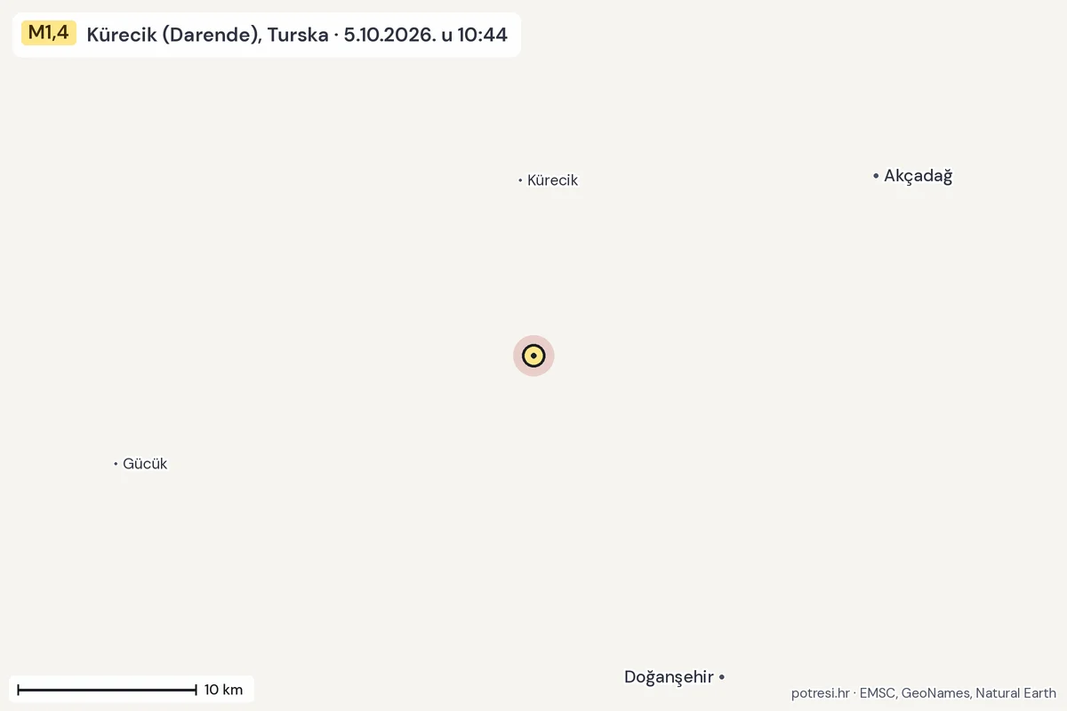 Karta: okolica epicentra, 60 km, potres M1,4, Kürecik (Darende), Turska, 5.10.2026.