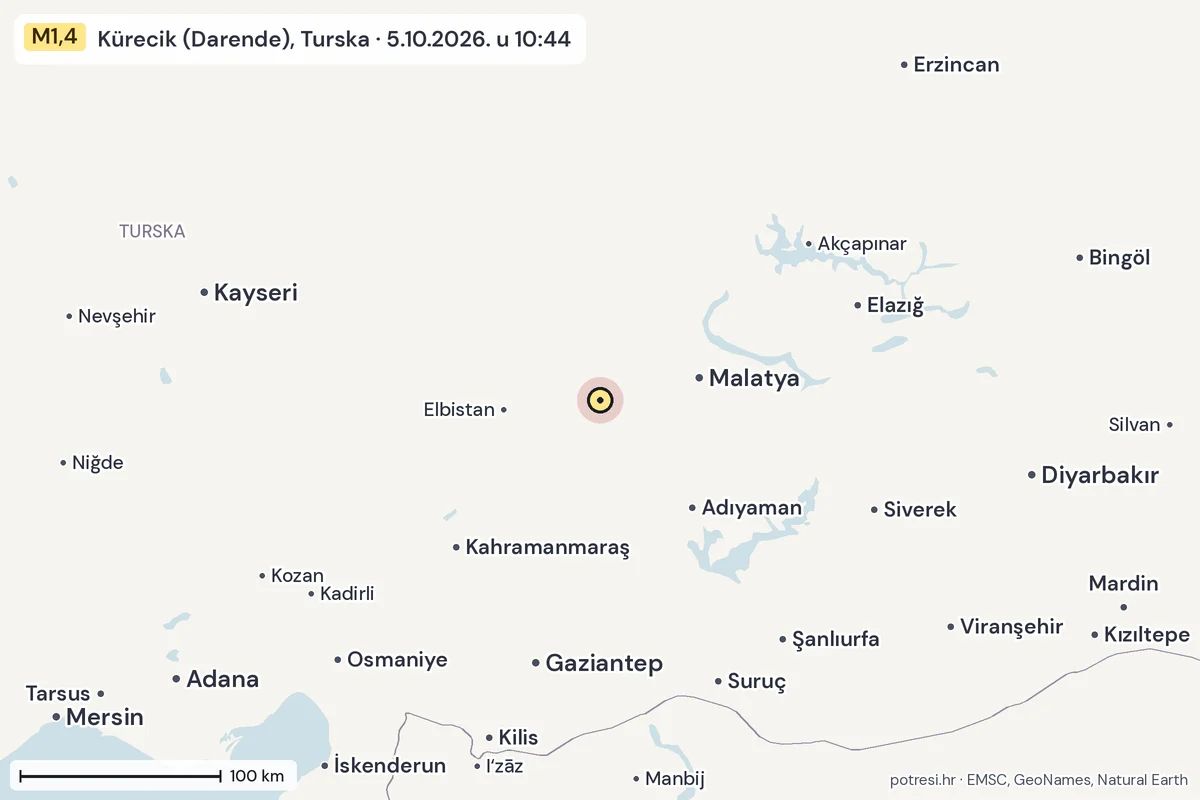Karta: šire područje, 600 km, potres M1,4, Kürecik (Darende), Turska, 5.10.2026.