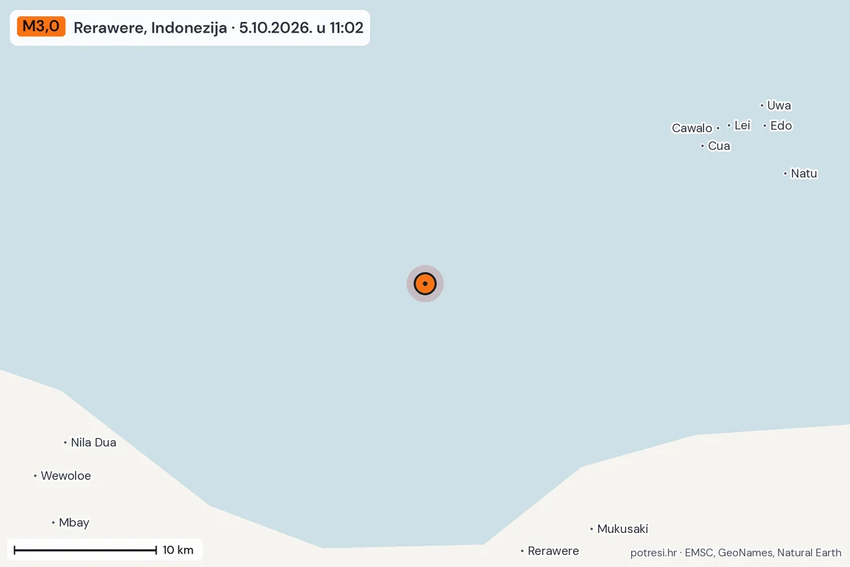Karta: okolica epicentra, 60 km, potres M3,0, Rerawere, Indonezija, 5.10.2026.