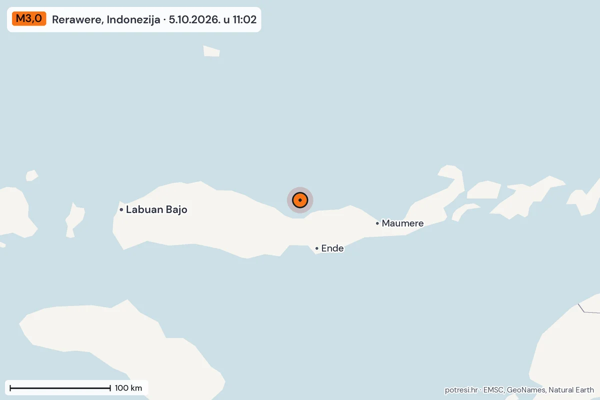 Karta: šire područje, 600 km, potres M3,0, Rerawere, Indonezija, 5.10.2026.