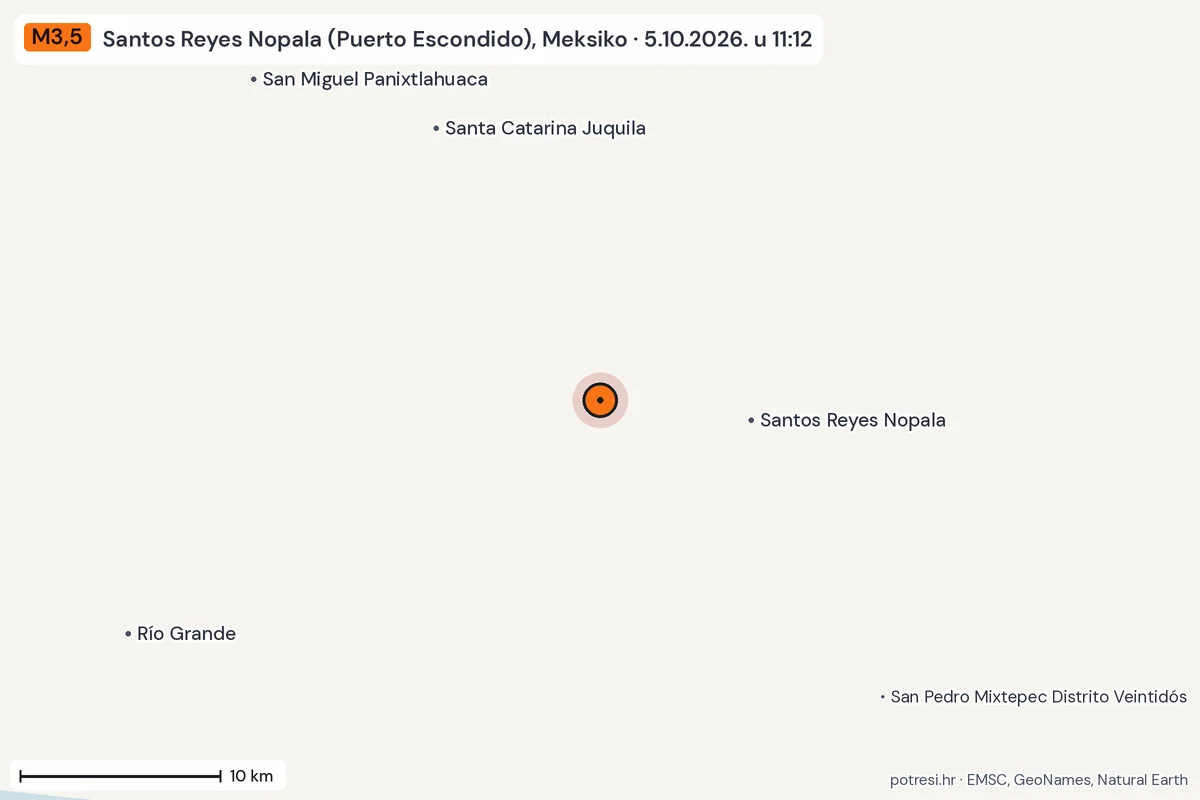 Karta: okolica epicentra, 60 km, potres M3,5, Santos Reyes Nopala (Puerto Escondido), Meksiko, 5.10.2026.