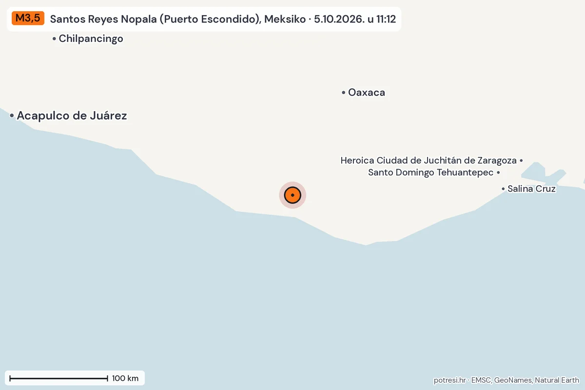 Karta: šire područje, 600 km, potres M3,5, Santos Reyes Nopala (Puerto Escondido), Meksiko, 5.10.2026.