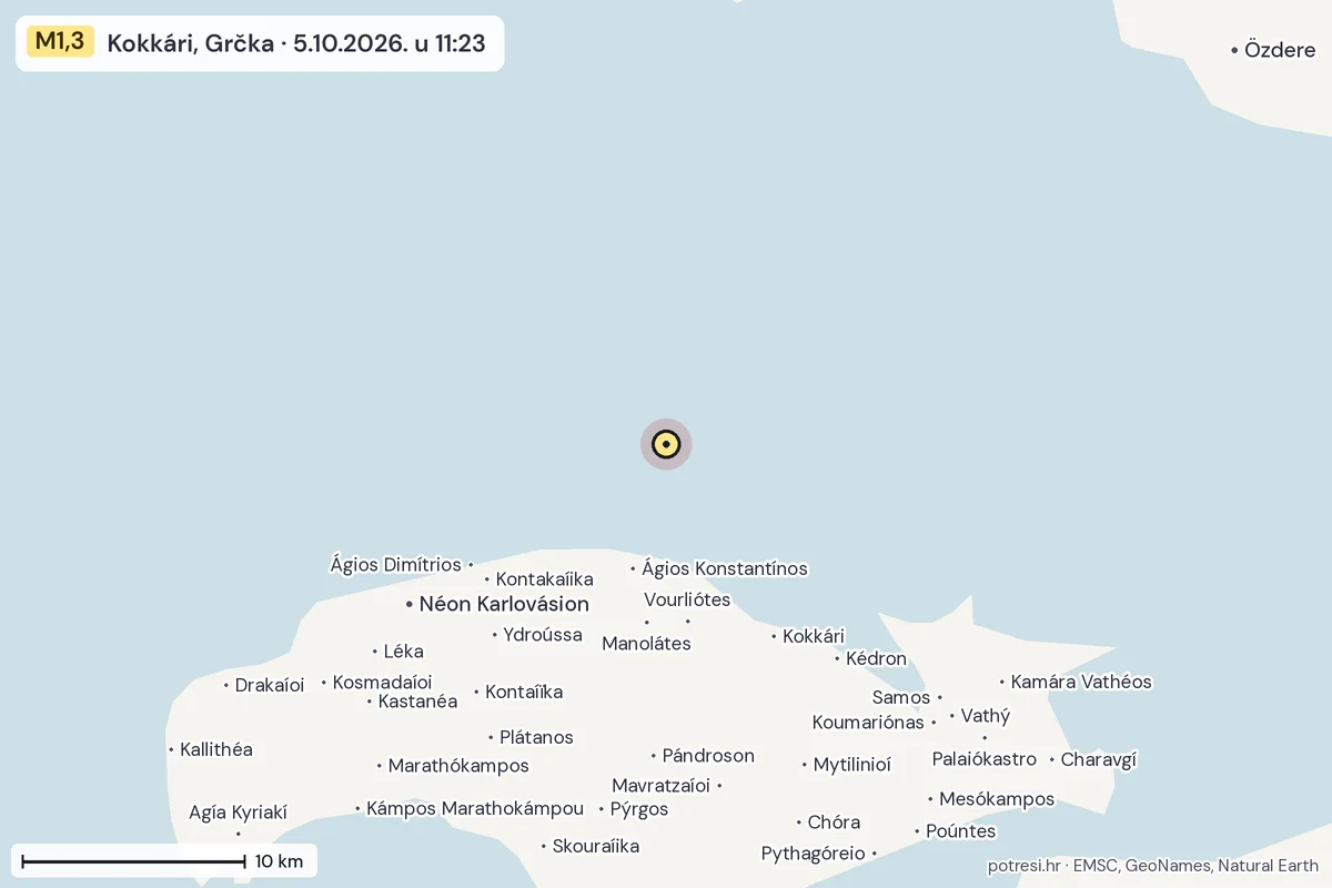 Karta: okolica epicentra, 60 km, potres M1,3, Kokkári, Grčka, 5.10.2026.