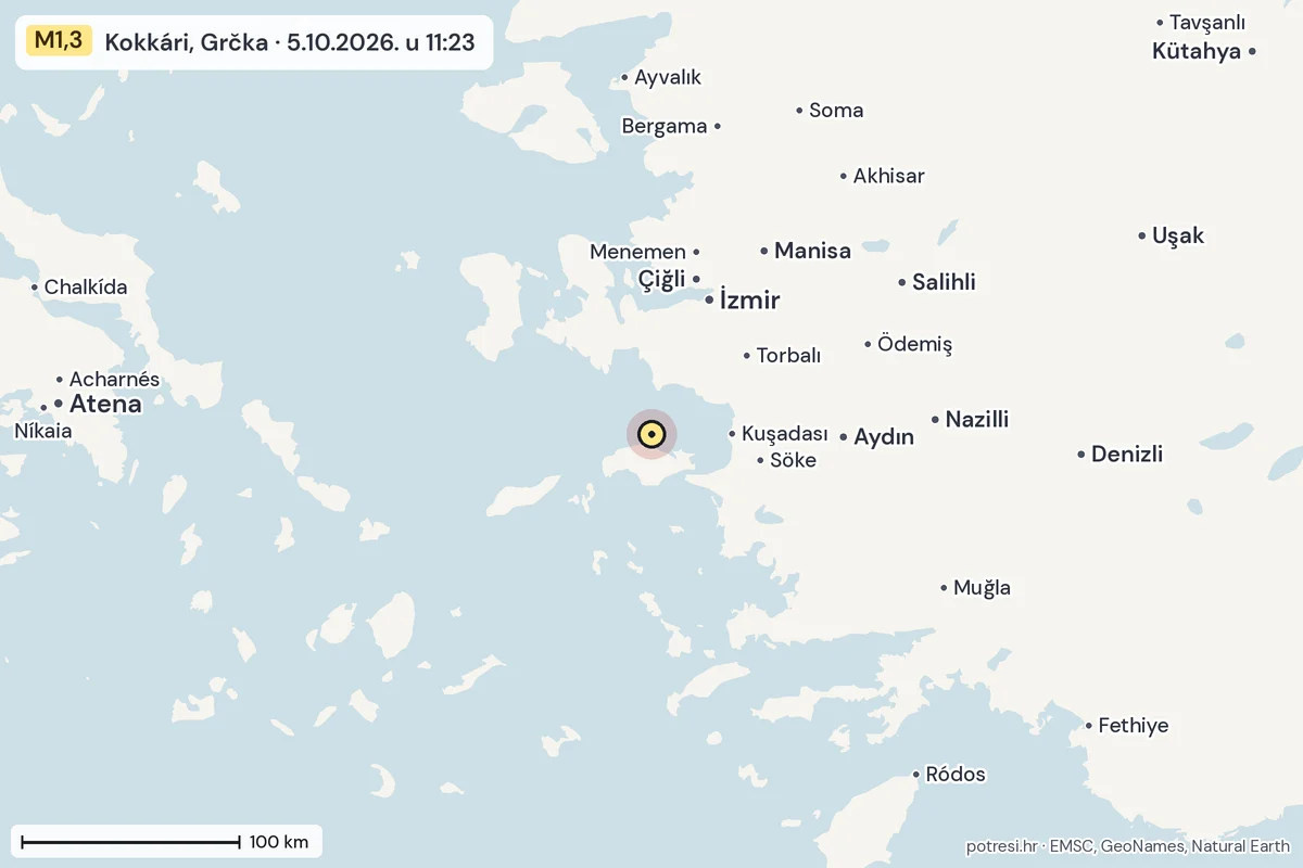 Karta: šire područje, 600 km, potres M1,3, Kokkári, Grčka, 5.10.2026.