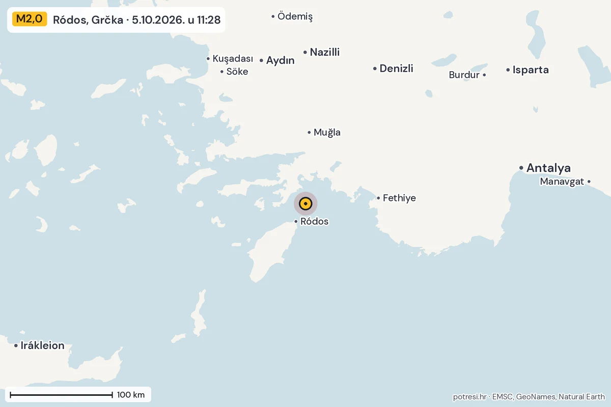 Karta: šire područje, 600 km, potres M2,0, Ródos, Grčka, 5.10.2026.