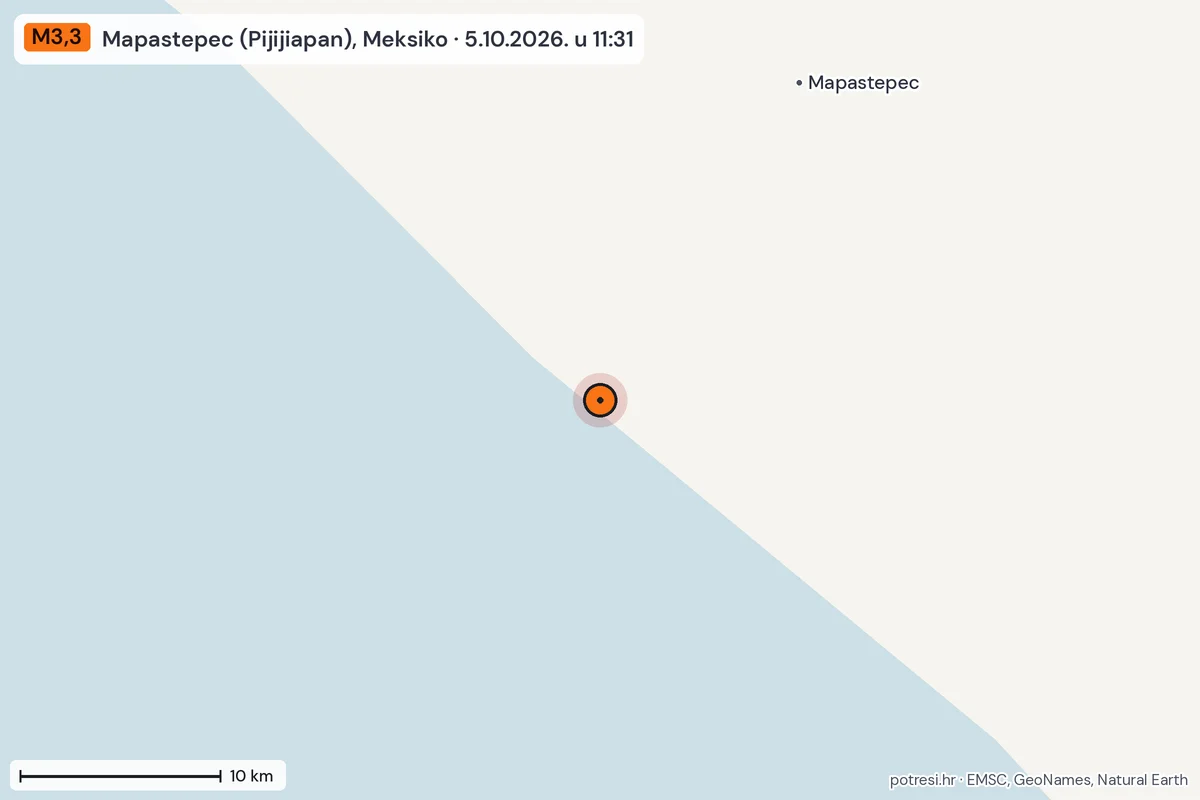 Karta: okolica epicentra, 60 km, potres M3,3, Mapastepec (Pijijiapan), Meksiko, 5.10.2026.