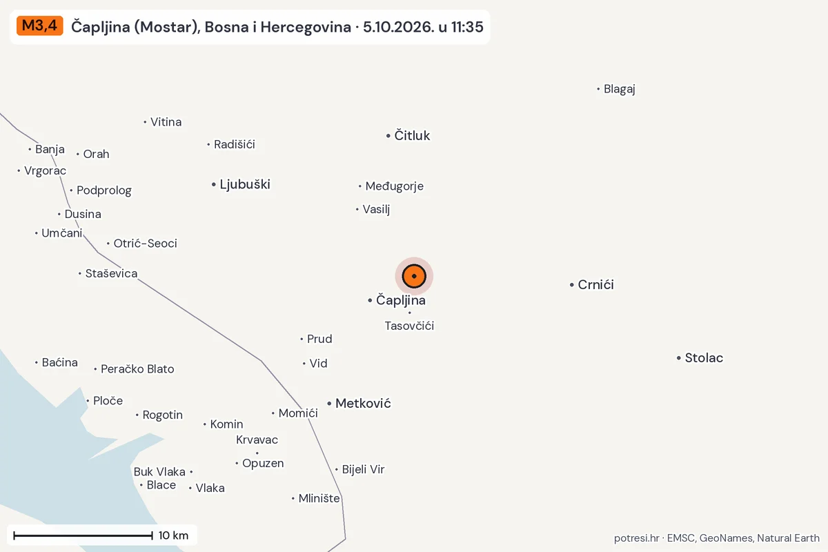 Karta: okolica epicentra, 60 km, potres M3,4, Čapljina (Mostar), Bosna i Hercegovina, 5.10.2026.