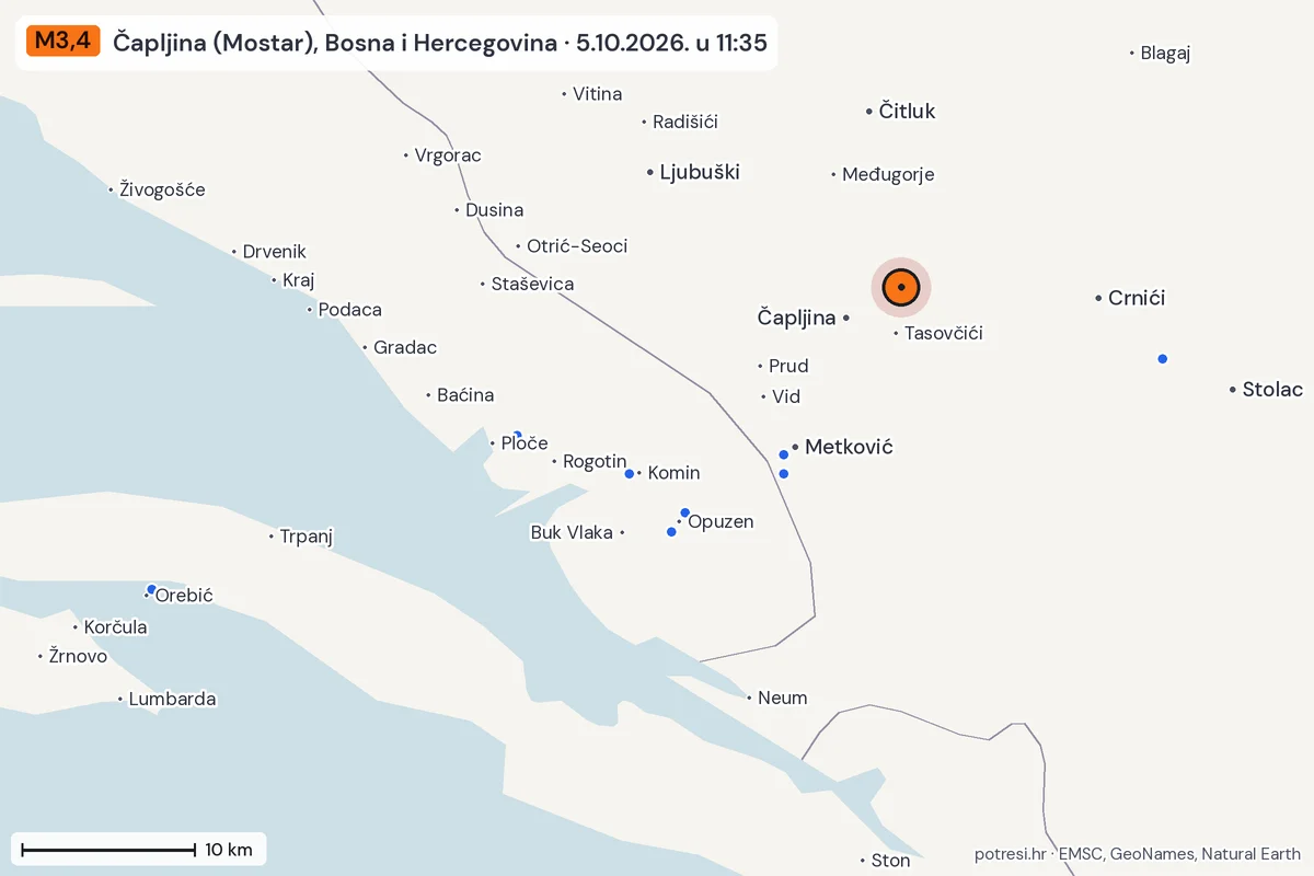 Karta: izvješća građana, potres M3,4, Čapljina (Mostar), Bosna i Hercegovina, 5.10.2026.